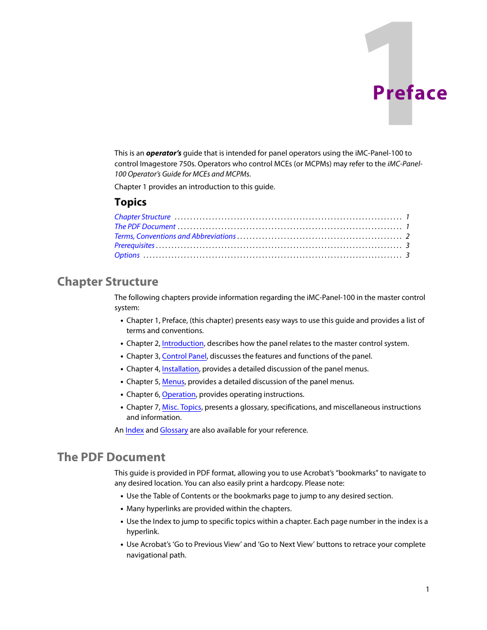 Preface, Chapter structure, The pdf document | 1 preface, Chapter structure the pdf document, Topics | Grass Valley iMC-Panel-100 v.7.2.9.0 User Manual | Page 13 / 190