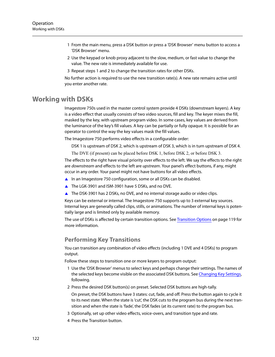 Working with dsks, Performing key transitions | Grass Valley iMC-Panel-100 v.7.2.9.0 User Manual | Page 134 / 190