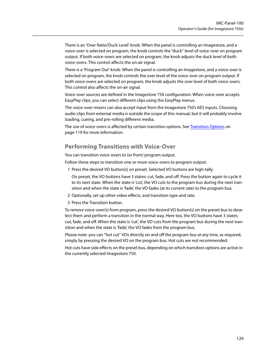 Performing transitions with voice-over | Grass Valley iMC-Panel-100 v.7.2.9.0 User Manual | Page 141 / 190