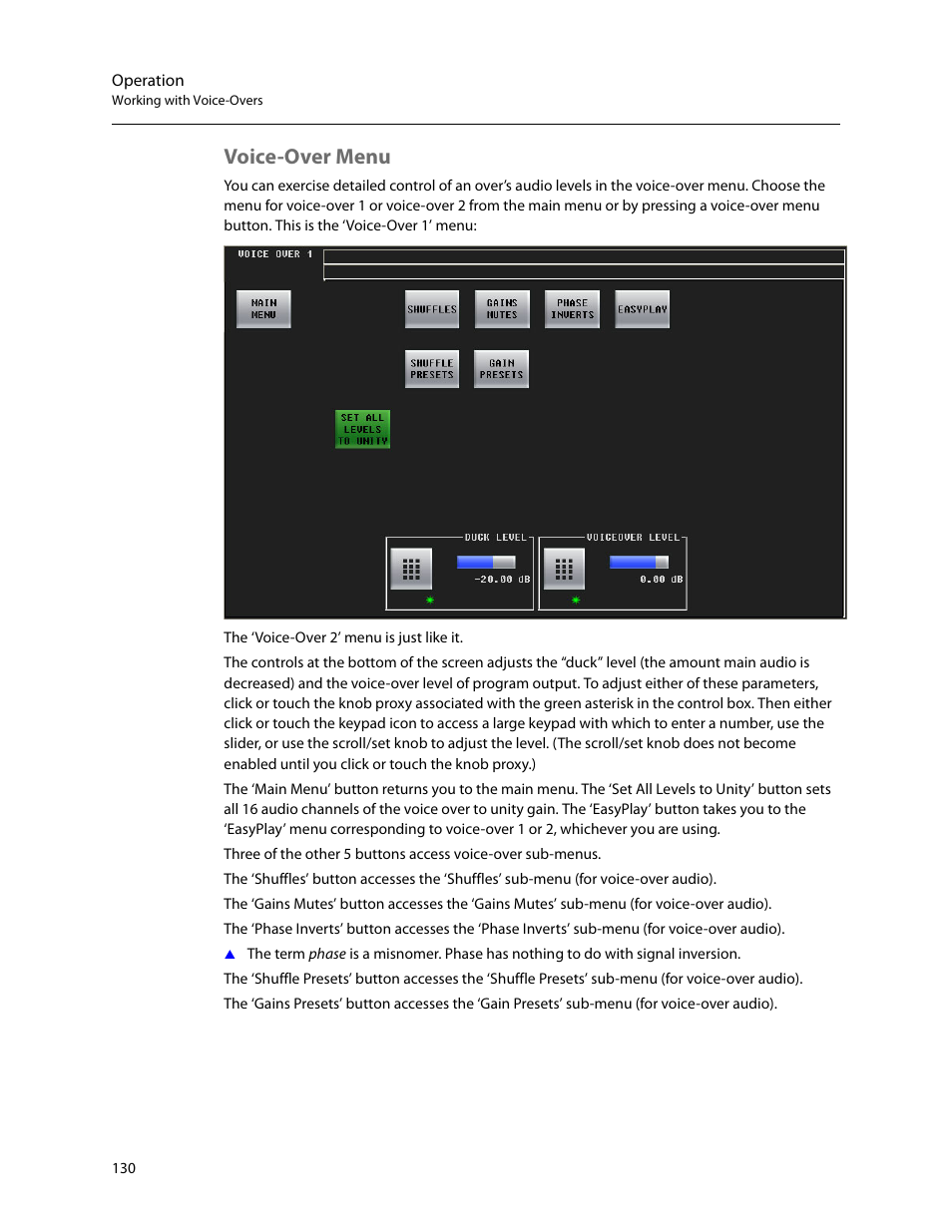 Voice-over menu | Grass Valley iMC-Panel-100 v.7.2.9.0 User Manual | Page 142 / 190