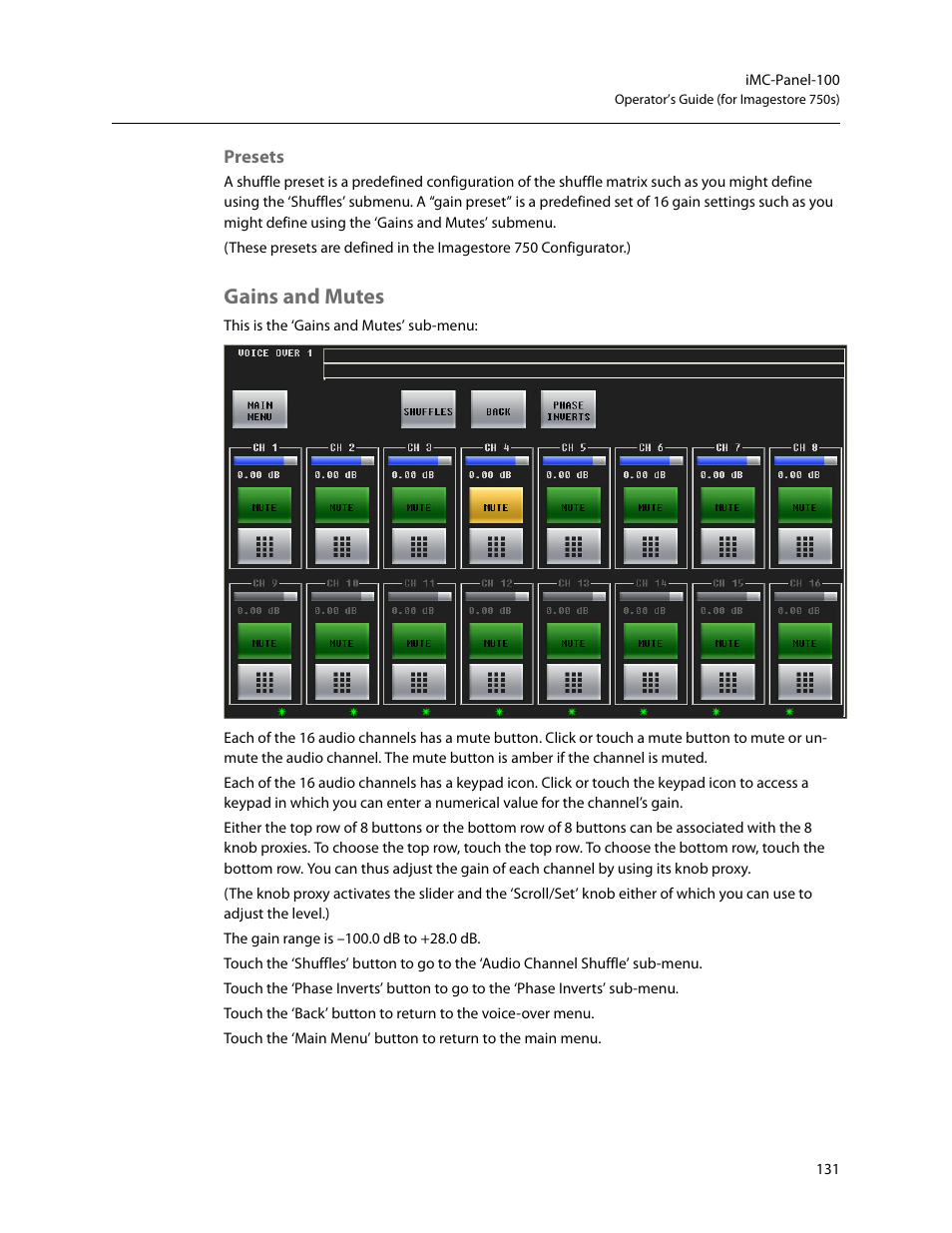 Presets, Gains and mutes | Grass Valley iMC-Panel-100 v.7.2.9.0 User Manual | Page 143 / 190