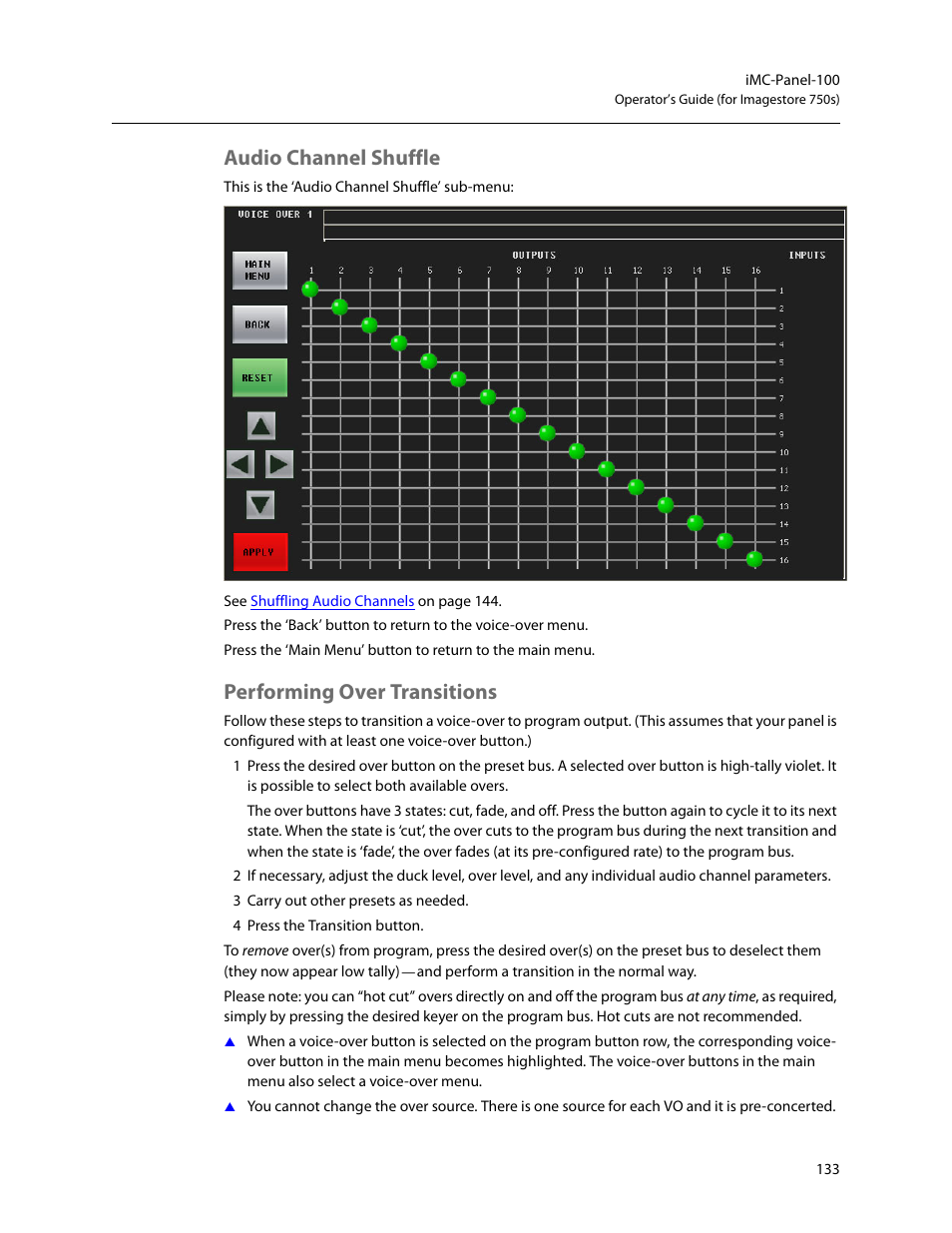 Audio channel shuffle, Performing over transitions, Audio channel shuffle performing over transitions | Grass Valley iMC-Panel-100 v.7.2.9.0 User Manual | Page 145 / 190