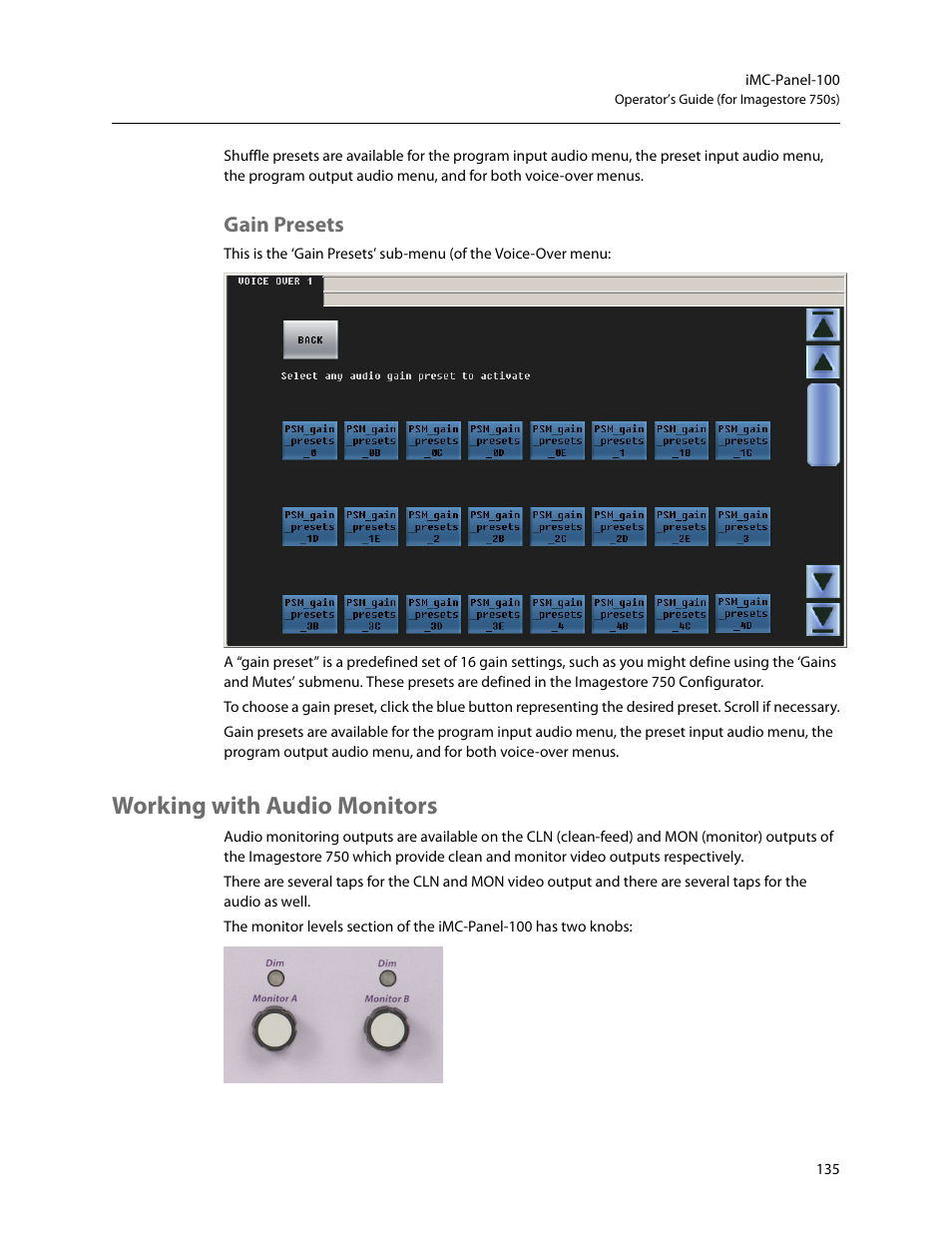 Gain presets, Working with audio monitors | Grass Valley iMC-Panel-100 v.7.2.9.0 User Manual | Page 147 / 190