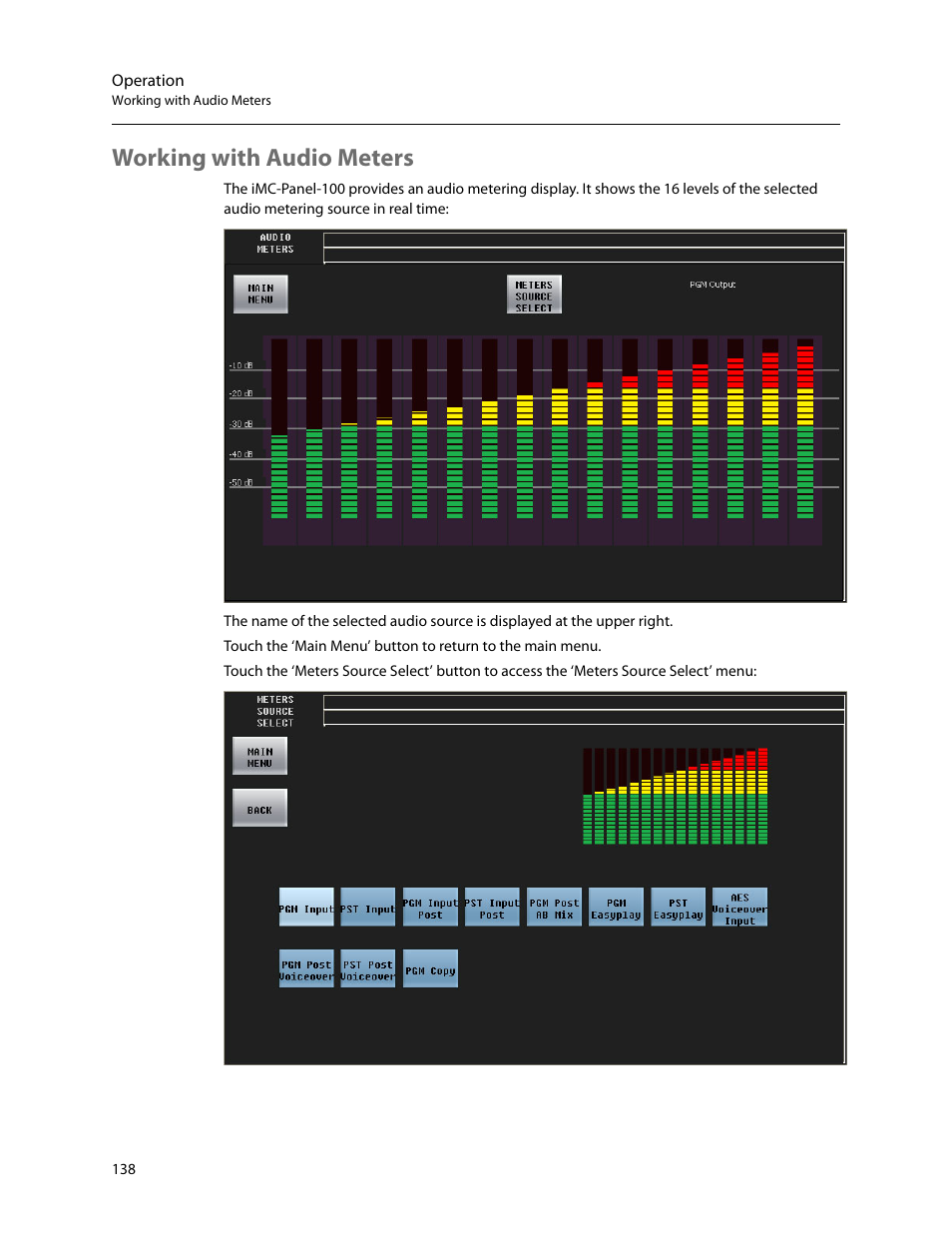 Working with audio meters | Grass Valley iMC-Panel-100 v.7.2.9.0 User Manual | Page 150 / 190