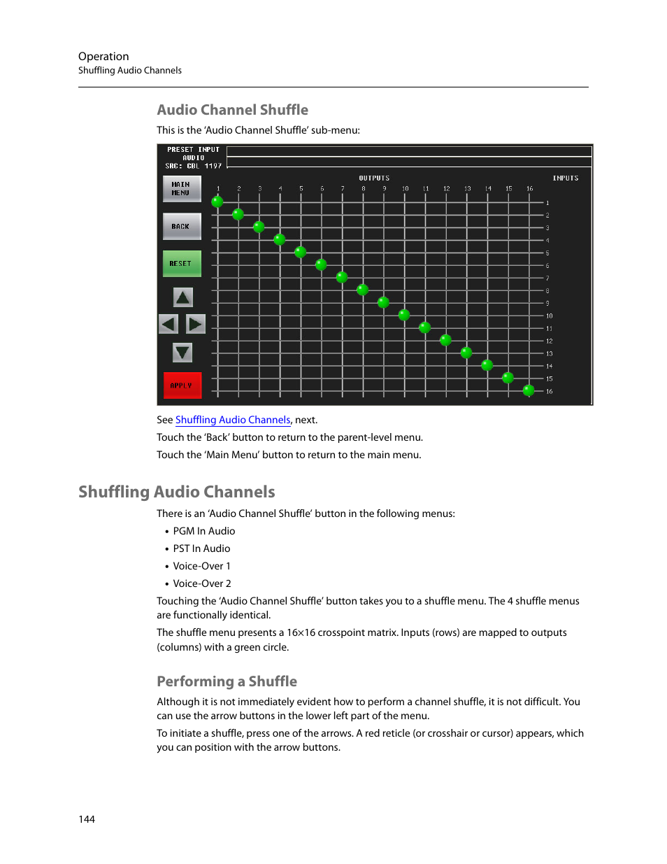 Audio channel shuffle, Shuffling audio channels, Performing a shuffle | Grass Valley iMC-Panel-100 v.7.2.9.0 User Manual | Page 156 / 190