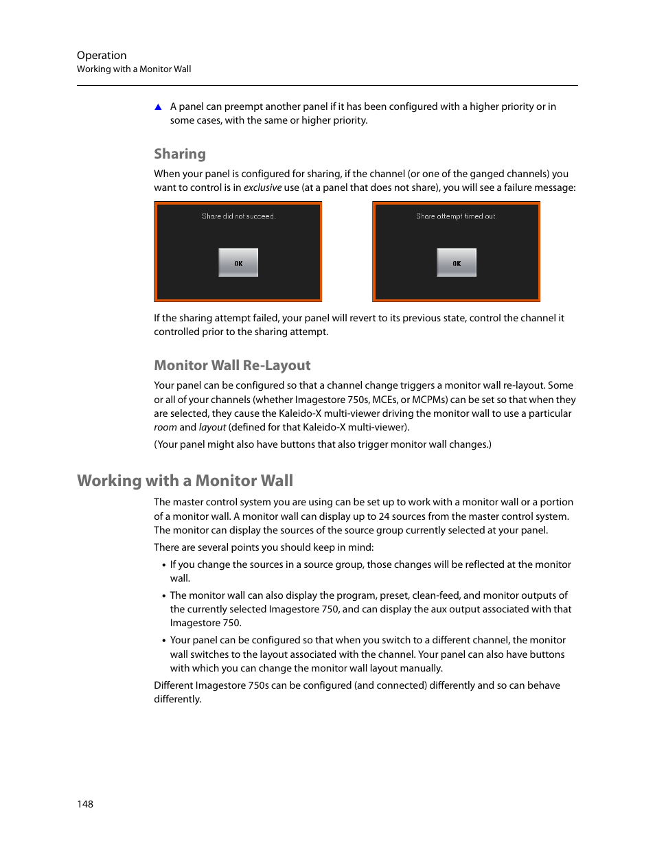 Sharing, Monitor wall re-layout, Working with a monitor wall | Sharing monitor wall re-layout | Grass Valley iMC-Panel-100 v.7.2.9.0 User Manual | Page 160 / 190