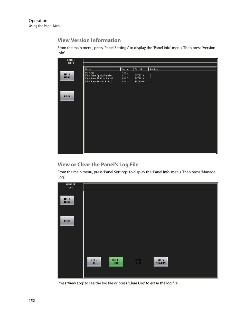 View version information, View or clear the panel’s log file | Grass Valley iMC-Panel-100 v.7.2.9.0 User Manual | Page 164 / 190