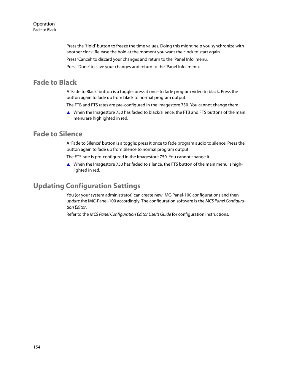Fade to black, Fade to silence, Updating configuration settings | Grass Valley iMC-Panel-100 v.7.2.9.0 User Manual | Page 166 / 190