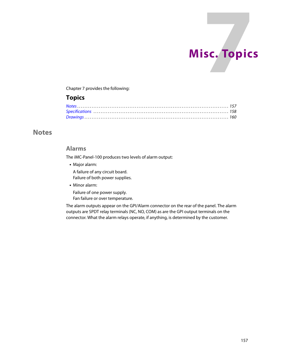 Misc. topics, Notes, Alarms | 7 misc. topics, Chapter 7, Topics | Grass Valley iMC-Panel-100 v.7.2.9.0 User Manual | Page 169 / 190