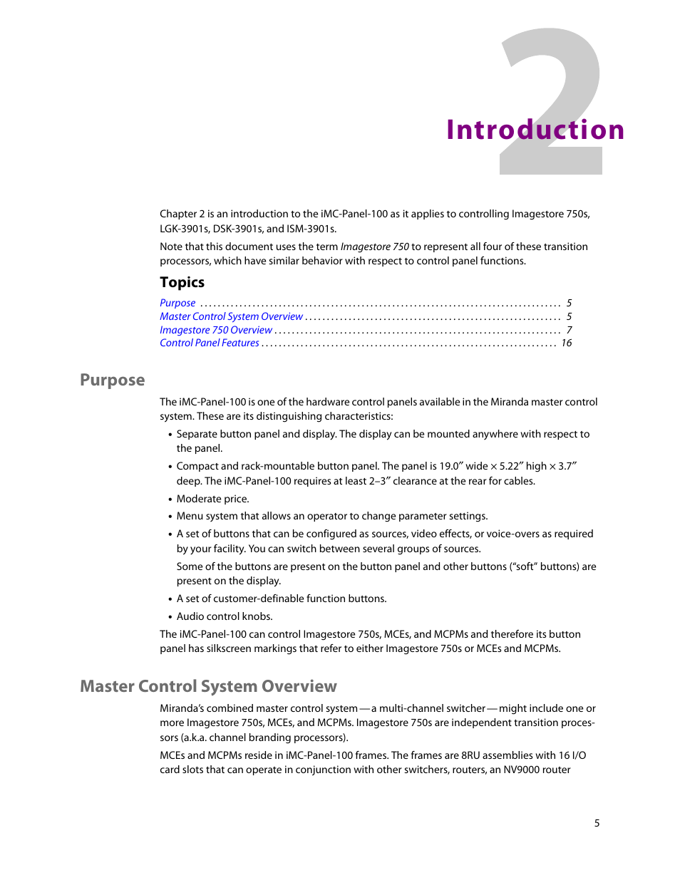 Introduction, Purpose, Master control system overview | 2 introduction, Purpose master control system overview, Chapter 2, Topics | Grass Valley iMC-Panel-100 v.7.2.9.0 User Manual | Page 17 / 190