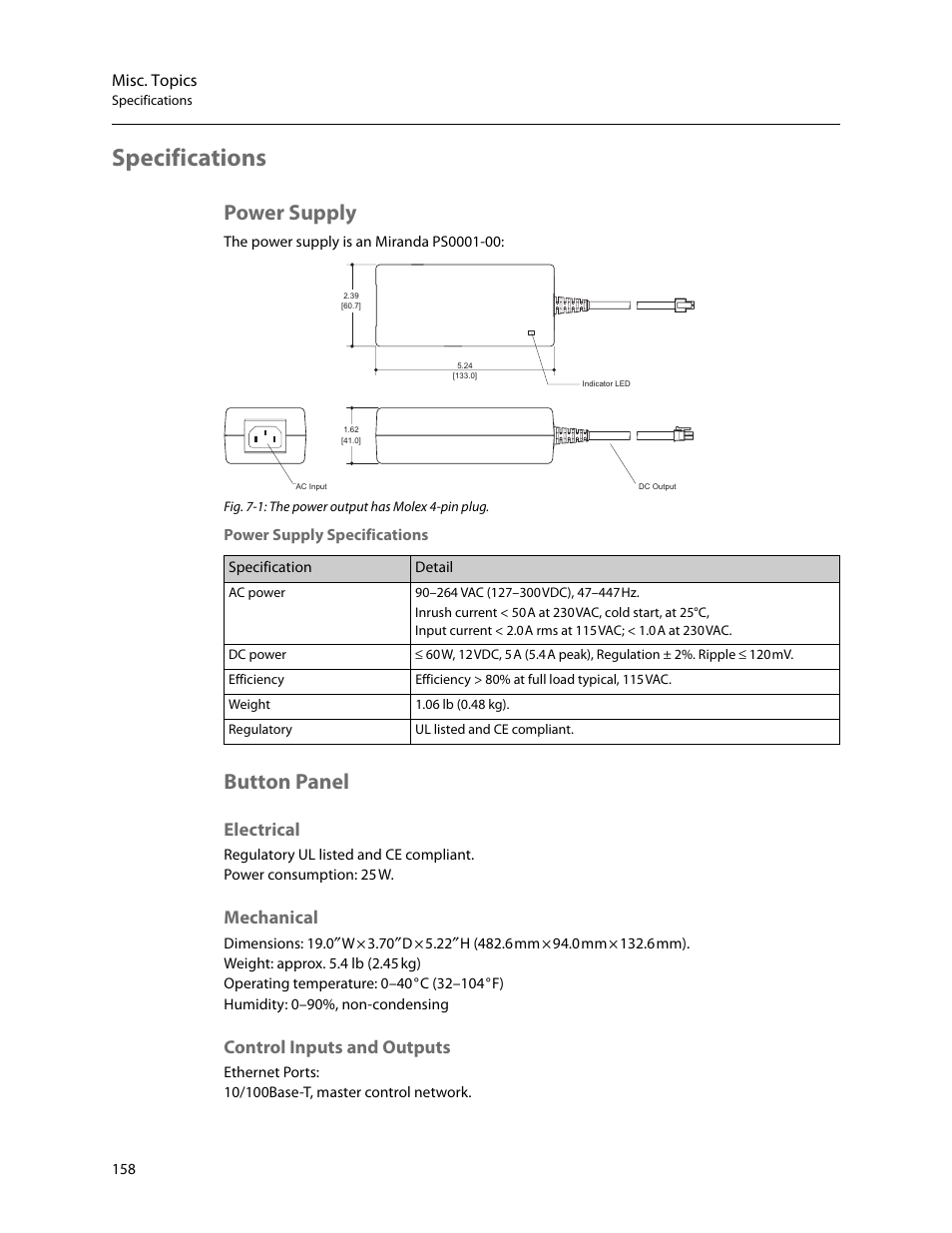 Specifications, Power supply, Button panel | Electrical, Mechanical, Control inputs and outputs, Power supply button panel, Electrical mechanical control inputs and outputs, Misc. topics | Grass Valley iMC-Panel-100 v.7.2.9.0 User Manual | Page 170 / 190
