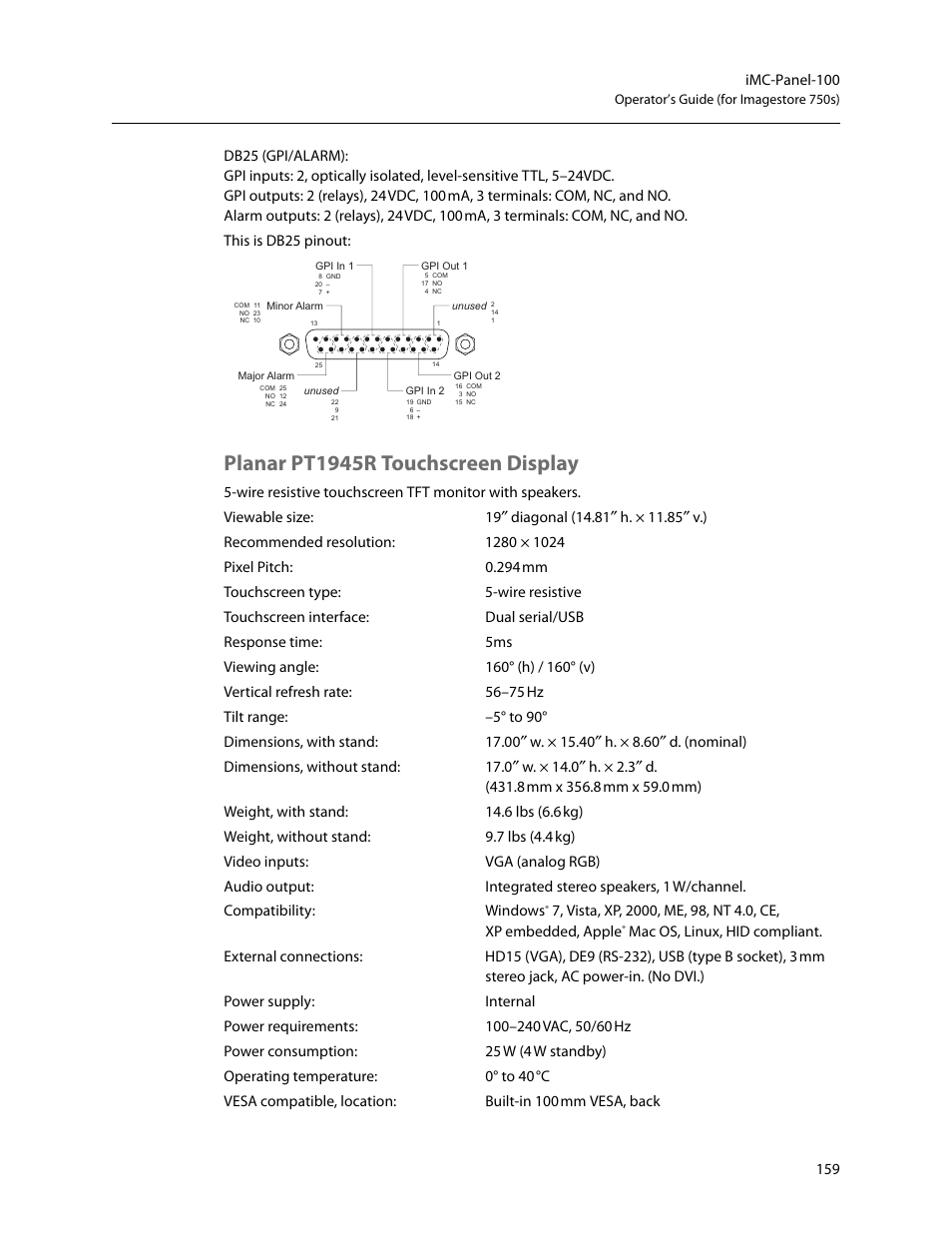 Planar pt1945r touchscreen display | Grass Valley iMC-Panel-100 v.7.2.9.0 User Manual | Page 171 / 190