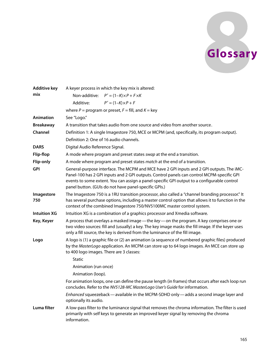 Glossary | Grass Valley iMC-Panel-100 v.7.2.9.0 User Manual | Page 177 / 190