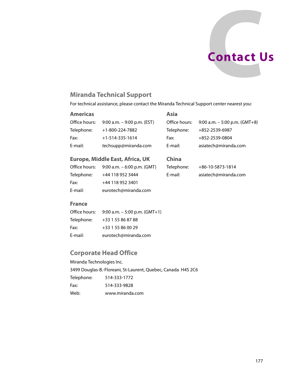 Contact us, Africa, contact, Americas, contact | Asia, contact, China, contact, Contact miranda, Corporate office, contact, Customer support, E-mail address, Europe, contact | Grass Valley iMC-Panel-100 v.7.2.9.0 User Manual | Page 189 / 190