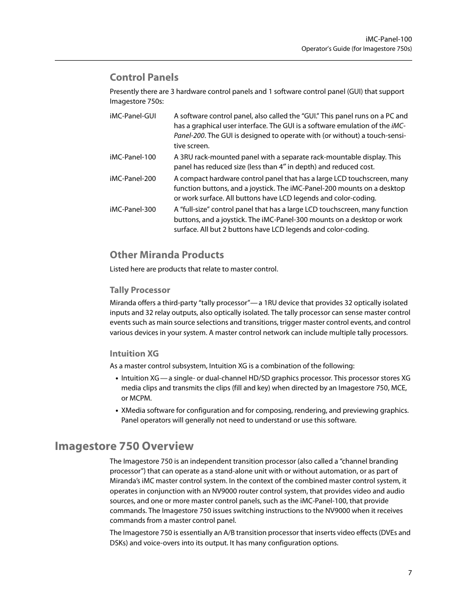 Control panels, Other miranda products, Tally processor | Intuition xg, Imagestore 750 overview, Control panels other miranda products, Tally processor intuition xg | Grass Valley iMC-Panel-100 v.7.2.9.0 User Manual | Page 19 / 190