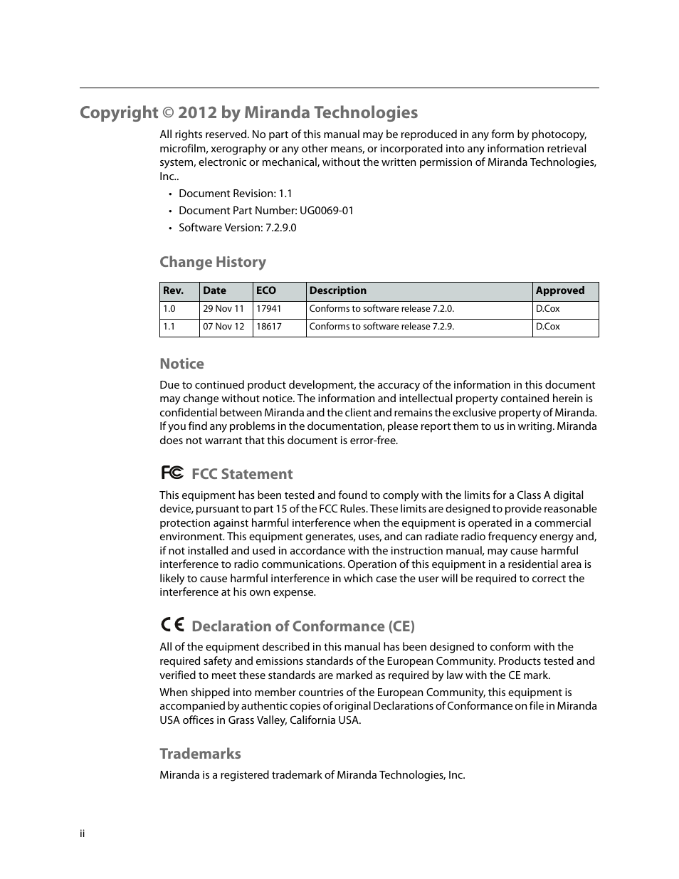 Copyright © 2012 by miranda technologies, Change history notice, Fcc statement | Declaration of conformance (ce), Trademarks | Grass Valley iMC-Panel-100 v.7.2.9.0 User Manual | Page 2 / 190