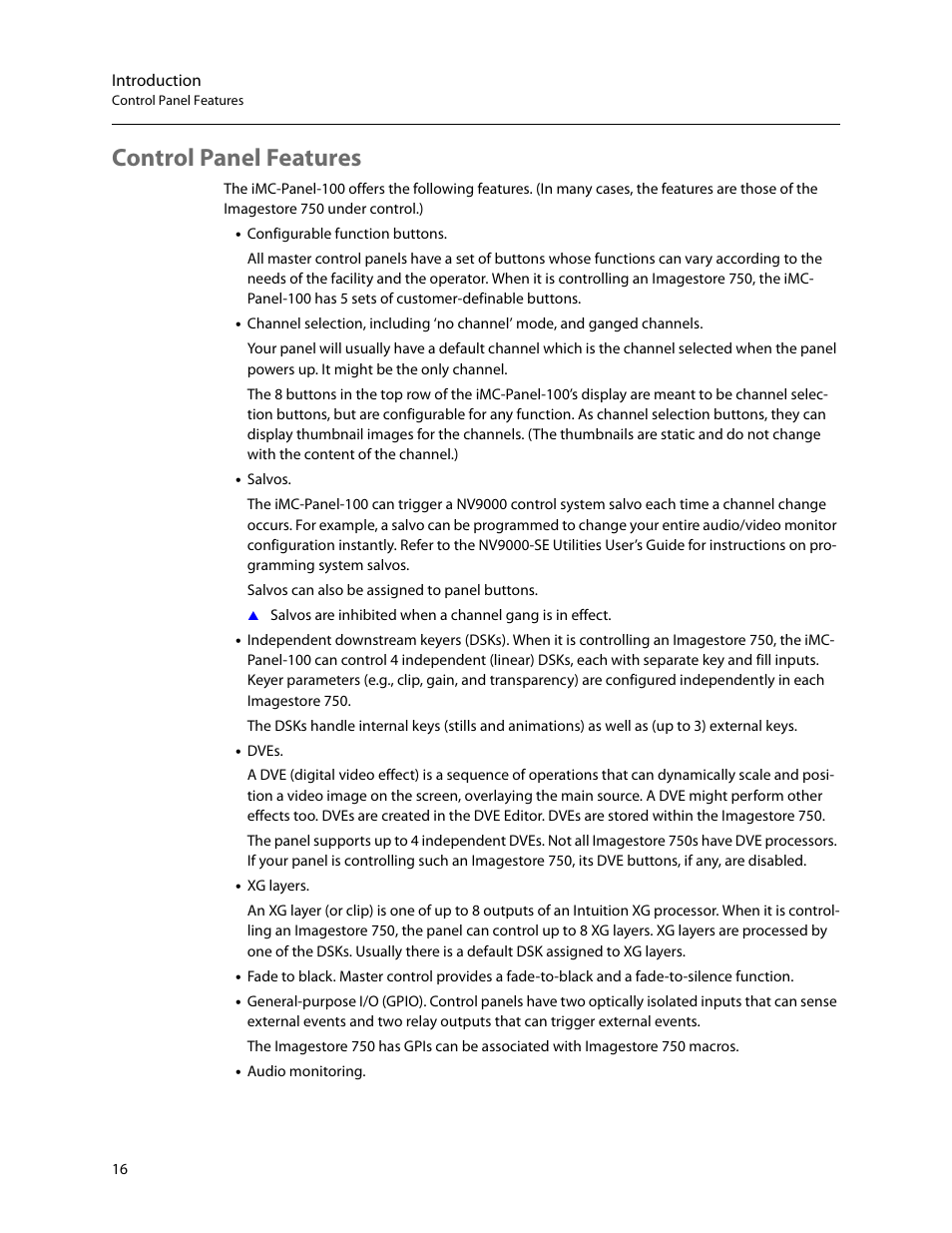 Control panel features | Grass Valley iMC-Panel-100 v.7.2.9.0 User Manual | Page 28 / 190