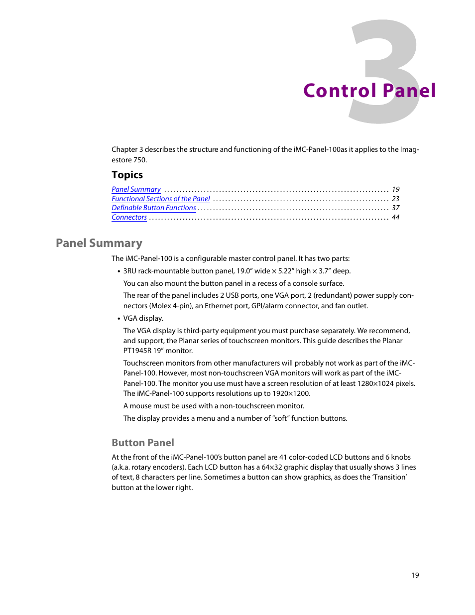 Control panel, Panel summary, Button panel | 3 control panel, Chapter 3, Topics | Grass Valley iMC-Panel-100 v.7.2.9.0 User Manual | Page 31 / 190