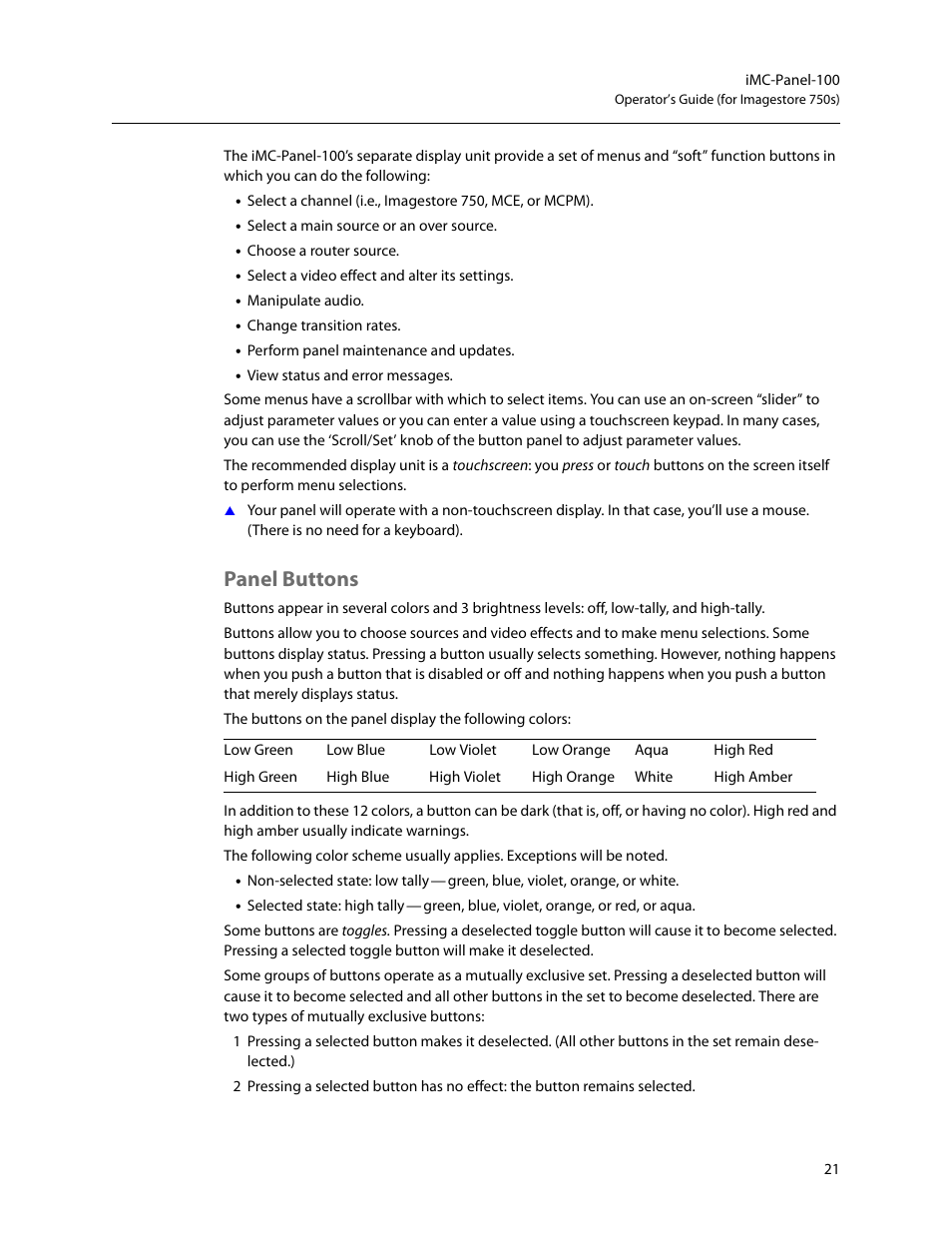 Panel buttons | Grass Valley iMC-Panel-100 v.7.2.9.0 User Manual | Page 33 / 190