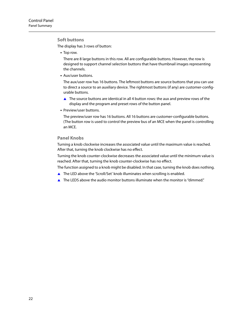 Soft buttons, Panel knobs, Soft buttons panel knobs | Grass Valley iMC-Panel-100 v.7.2.9.0 User Manual | Page 34 / 190