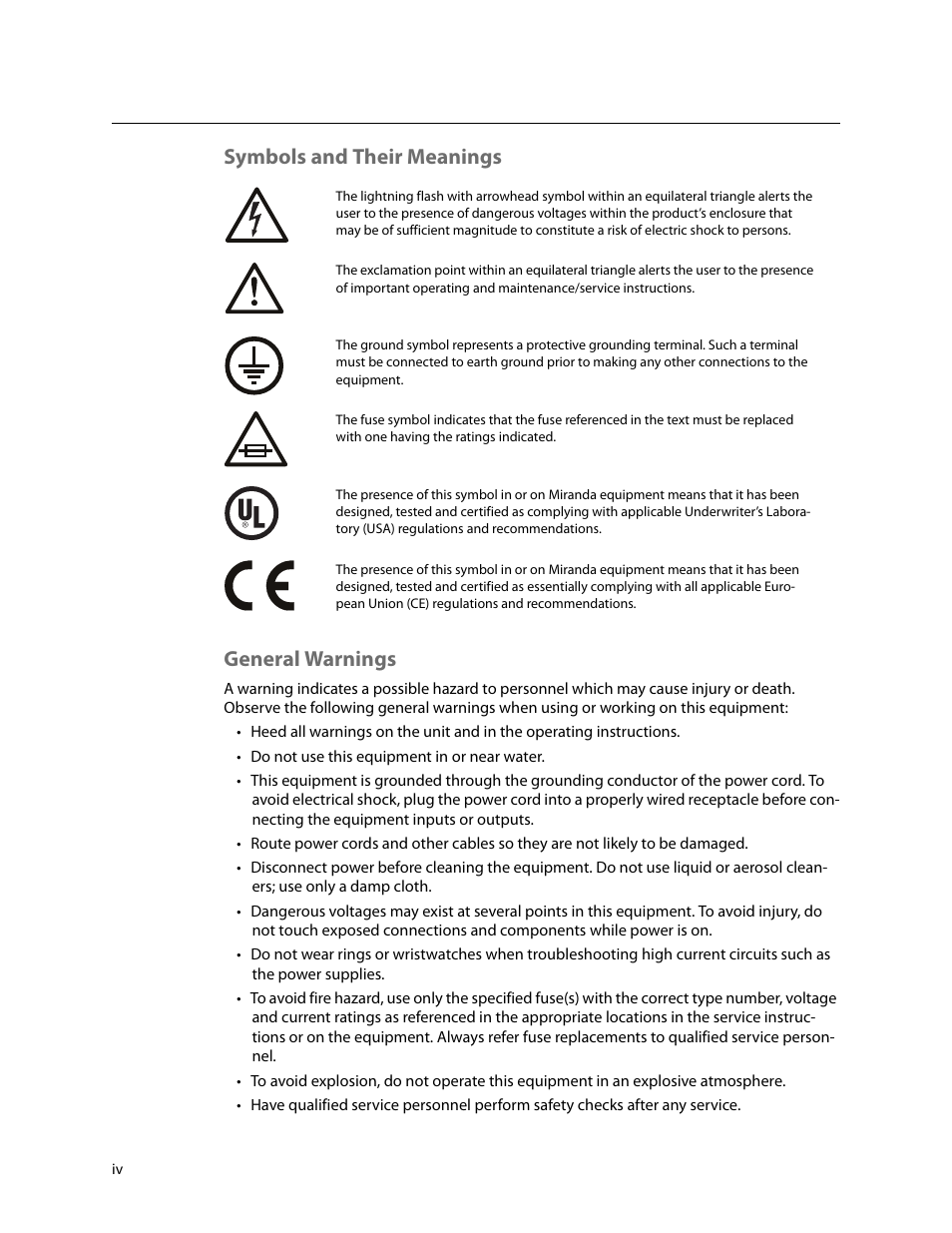 Symbols and their meanings general warnings | Grass Valley iMC-Panel-100 v.7.2.9.0 User Manual | Page 4 / 190