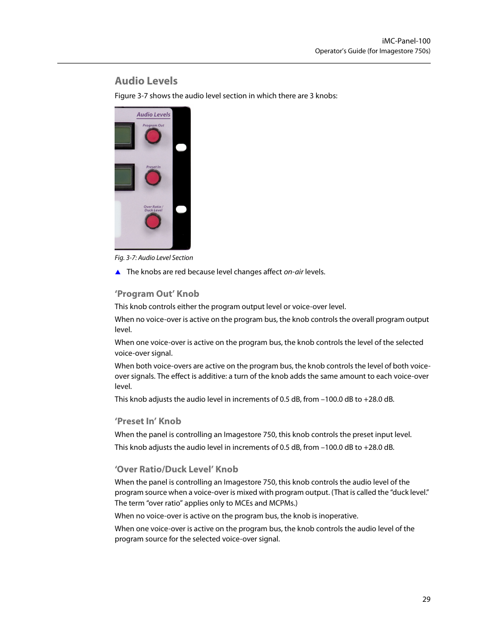 Audio levels, Program out’ knob, Preset in’ knob | Over ratio/duck level’ knob | Grass Valley iMC-Panel-100 v.7.2.9.0 User Manual | Page 41 / 190