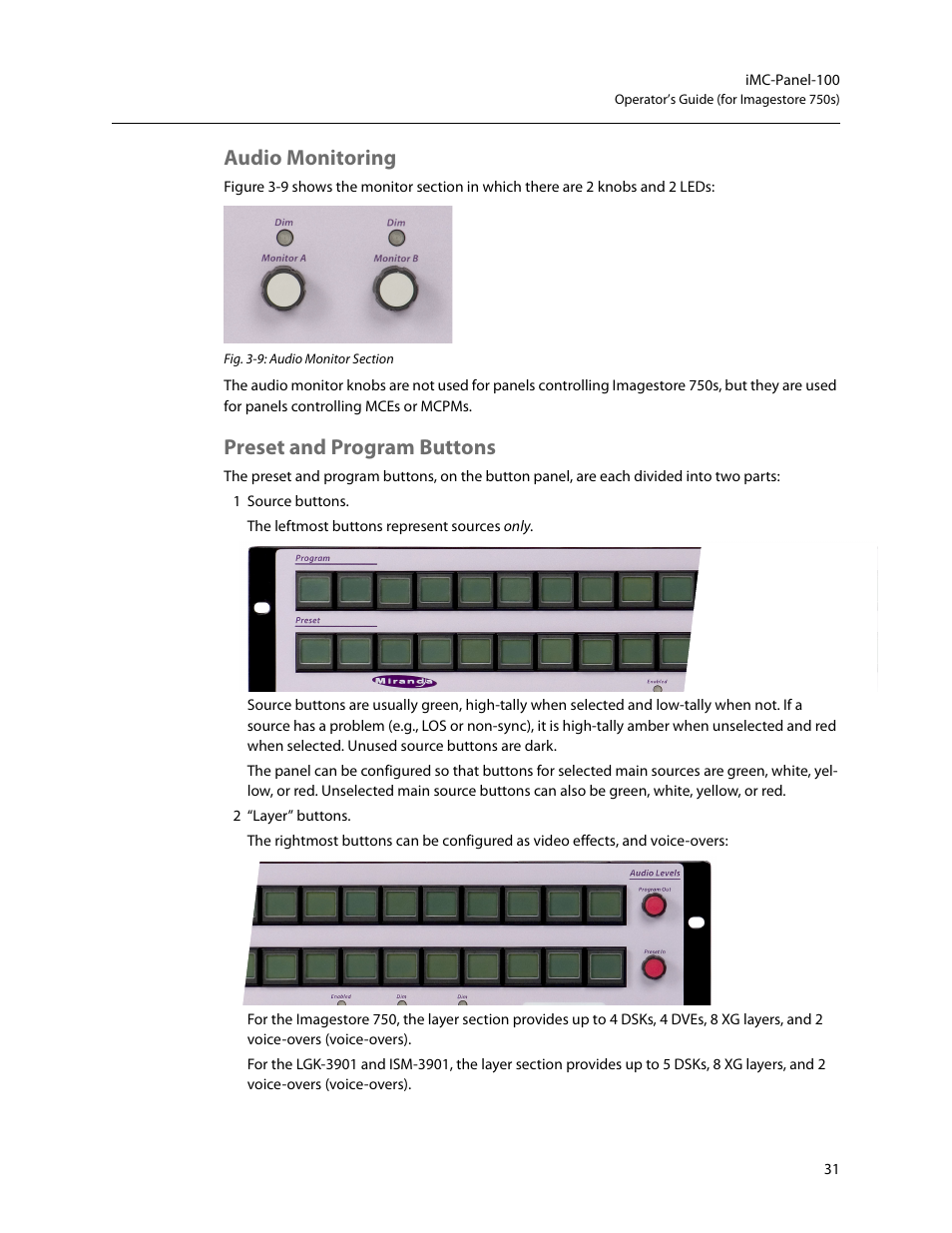 Audio monitoring, Preset and program buttons, Audio monitoring preset and program buttons | Grass Valley iMC-Panel-100 v.7.2.9.0 User Manual | Page 43 / 190