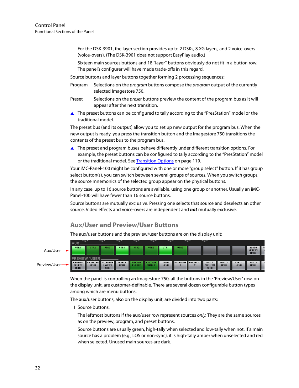 Aux/user and preview/user buttons | Grass Valley iMC-Panel-100 v.7.2.9.0 User Manual | Page 44 / 190