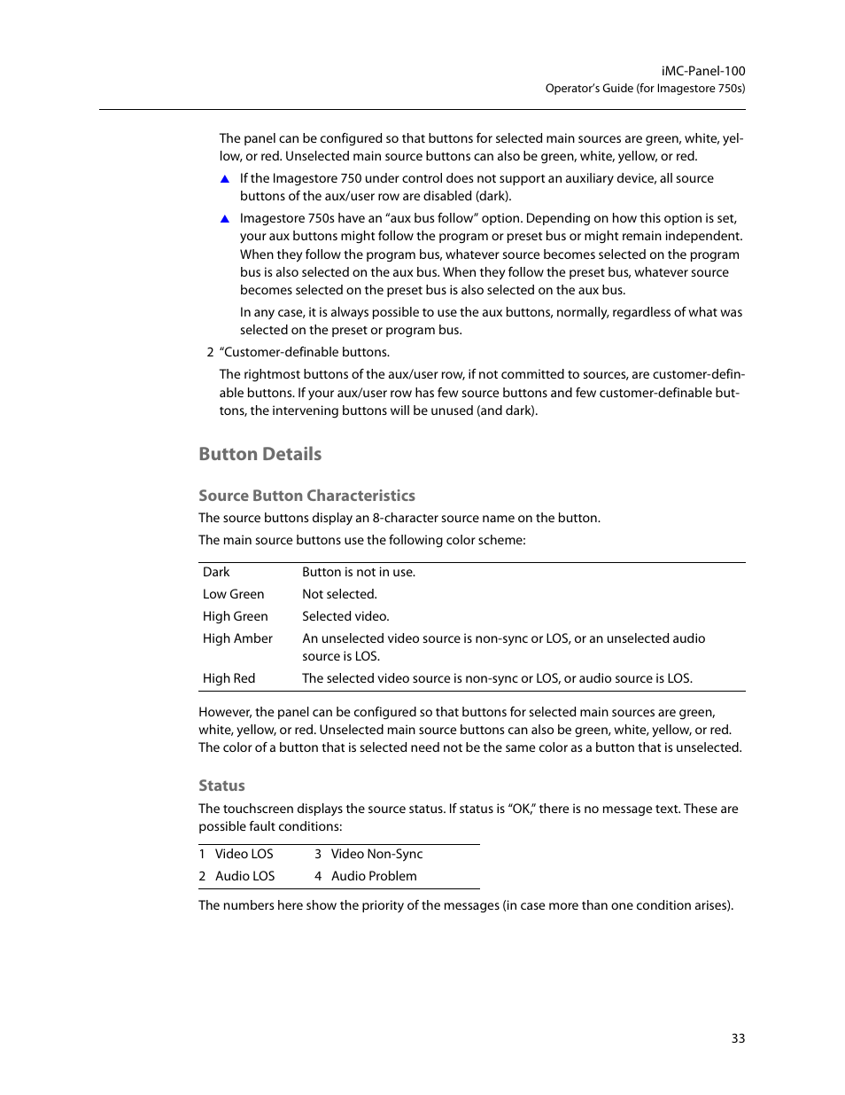 Button details, Source button characteristics, Status | Source button characteristics status | Grass Valley iMC-Panel-100 v.7.2.9.0 User Manual | Page 45 / 190