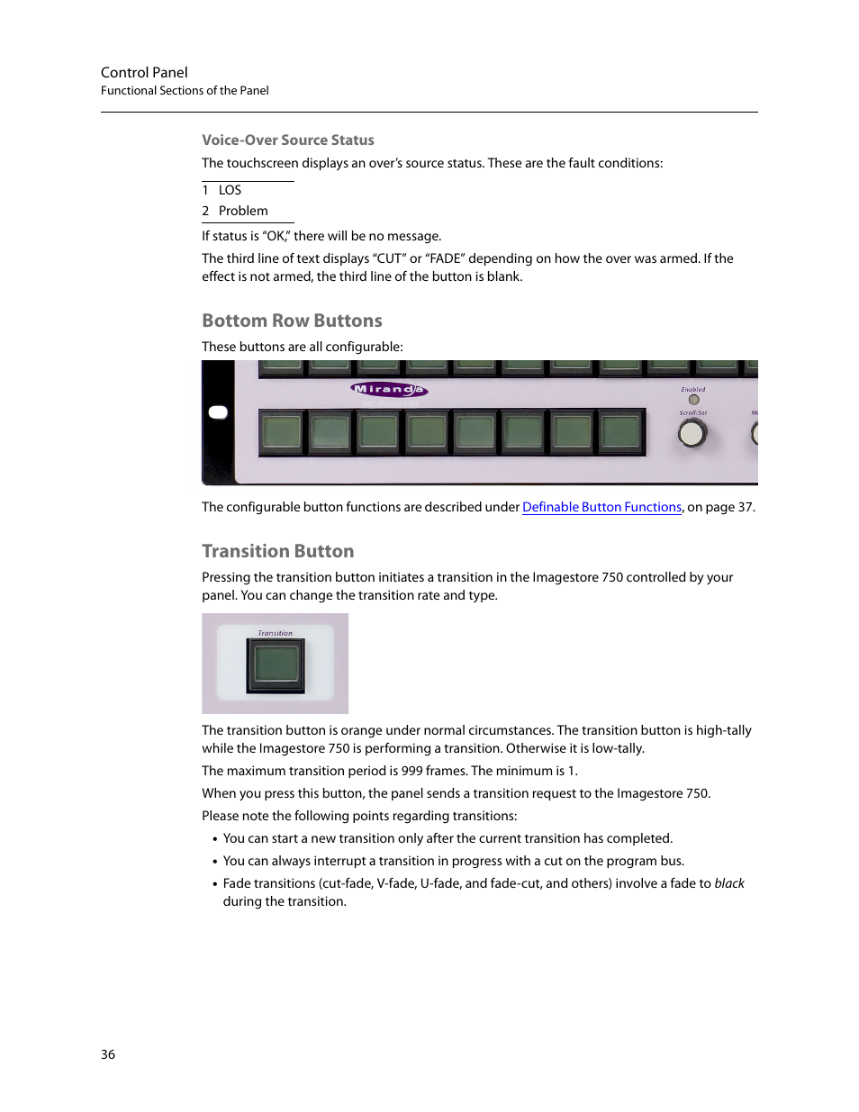 Bottom row buttons, Transition button, Bottom row buttons transition button | Grass Valley iMC-Panel-100 v.7.2.9.0 User Manual | Page 48 / 190