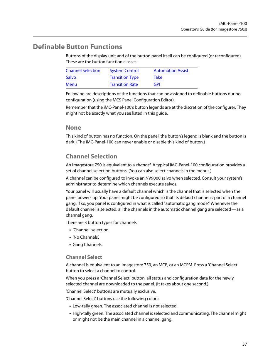 Definable button functions, None, Channel selection | Channel select, None channel selection | Grass Valley iMC-Panel-100 v.7.2.9.0 User Manual | Page 49 / 190