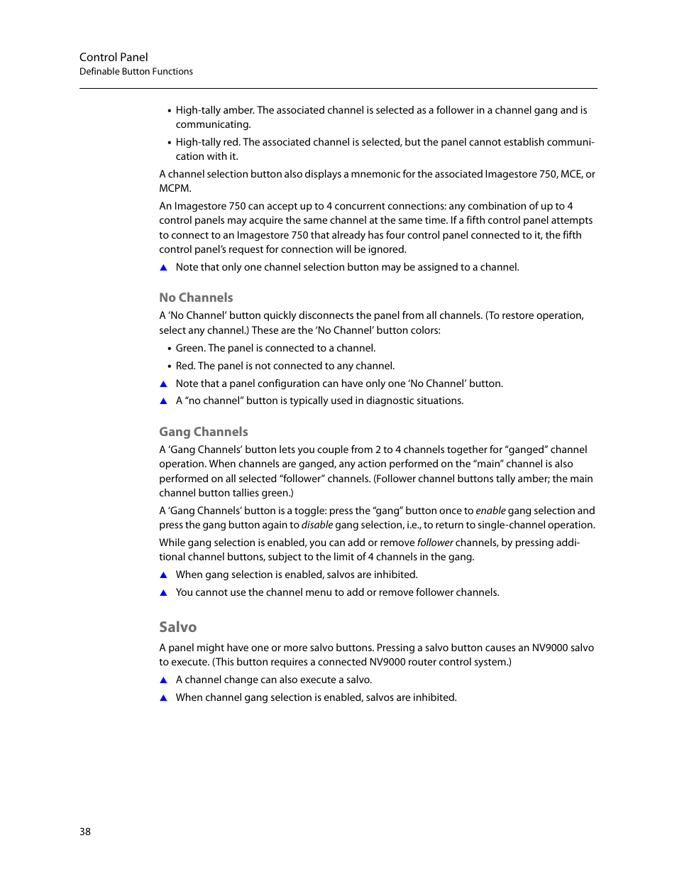 No channels, Gang channels, Salvo | No channels gang channels | Grass Valley iMC-Panel-100 v.7.2.9.0 User Manual | Page 50 / 190