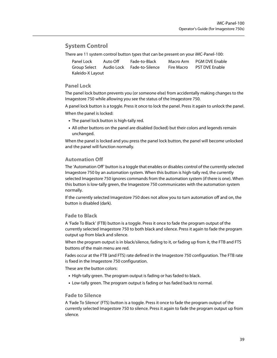 System control, Panel lock, Automation off | Fade to black, Fade to silence | Grass Valley iMC-Panel-100 v.7.2.9.0 User Manual | Page 51 / 190