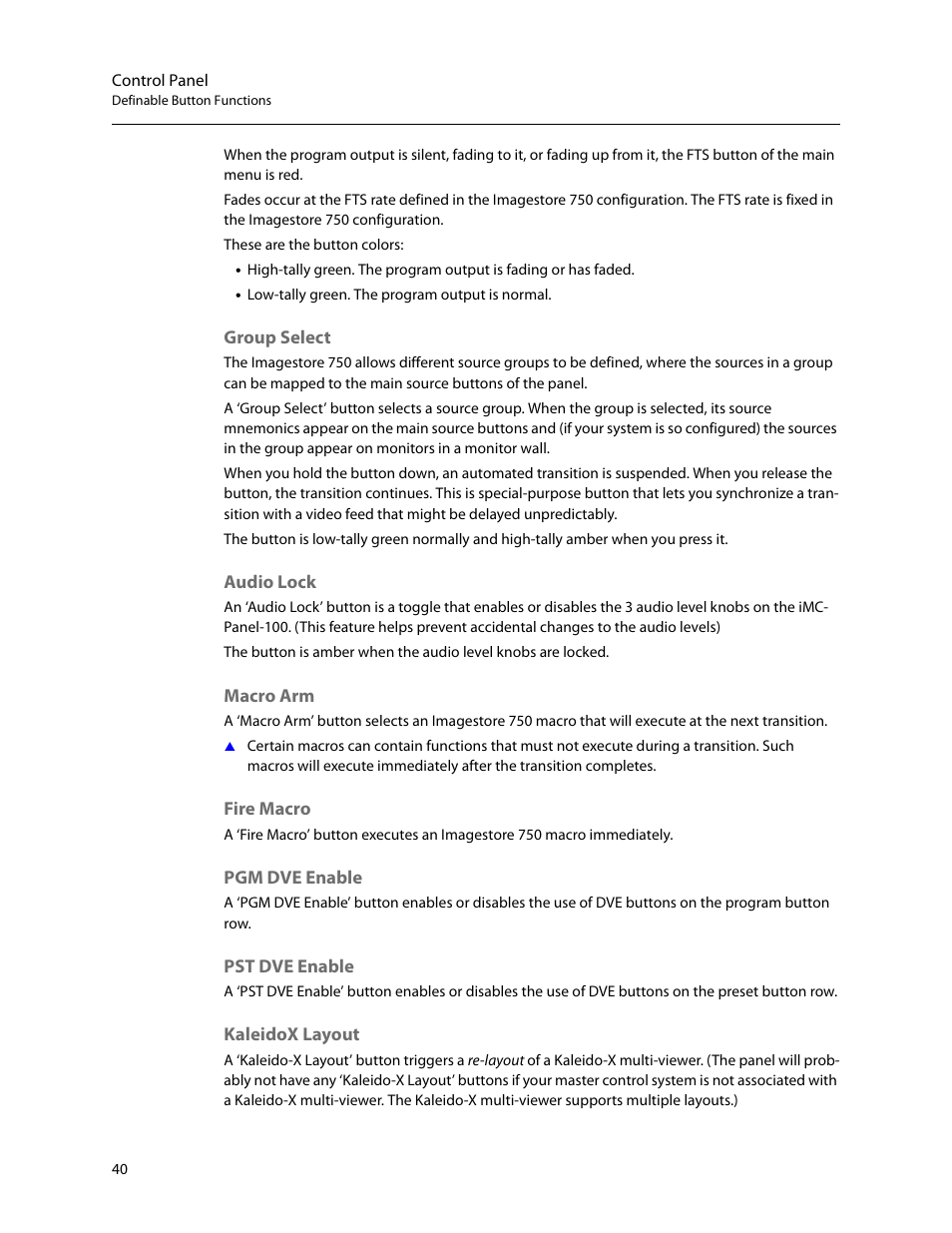 Group select, Audio lock, Macro arm | Fire macro, Pgm dve enable, Pst dve enable, Kaleidox layout | Grass Valley iMC-Panel-100 v.7.2.9.0 User Manual | Page 52 / 190