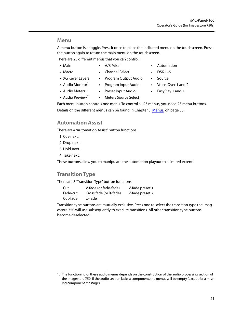 Menu, Automation assist, Transition type | Menu automation assist transition type | Grass Valley iMC-Panel-100 v.7.2.9.0 User Manual | Page 53 / 190