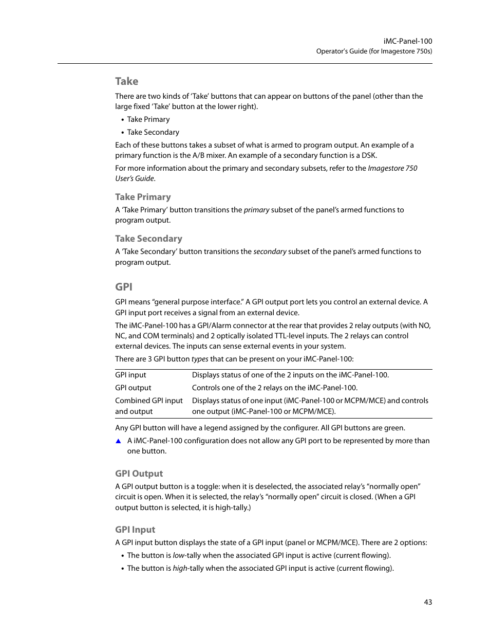 Take, Take primary, Take secondary | Gpi output, Gpi input, Take primary take secondary, Gpi output gpi input | Grass Valley iMC-Panel-100 v.7.2.9.0 User Manual | Page 55 / 190