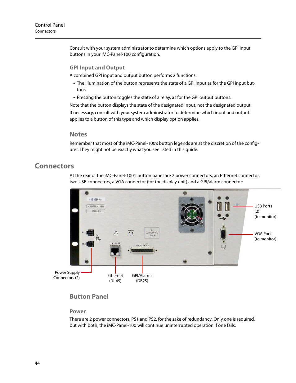 Gpi input and output, Notes, Connectors | Button panel, Power | Grass Valley iMC-Panel-100 v.7.2.9.0 User Manual | Page 56 / 190