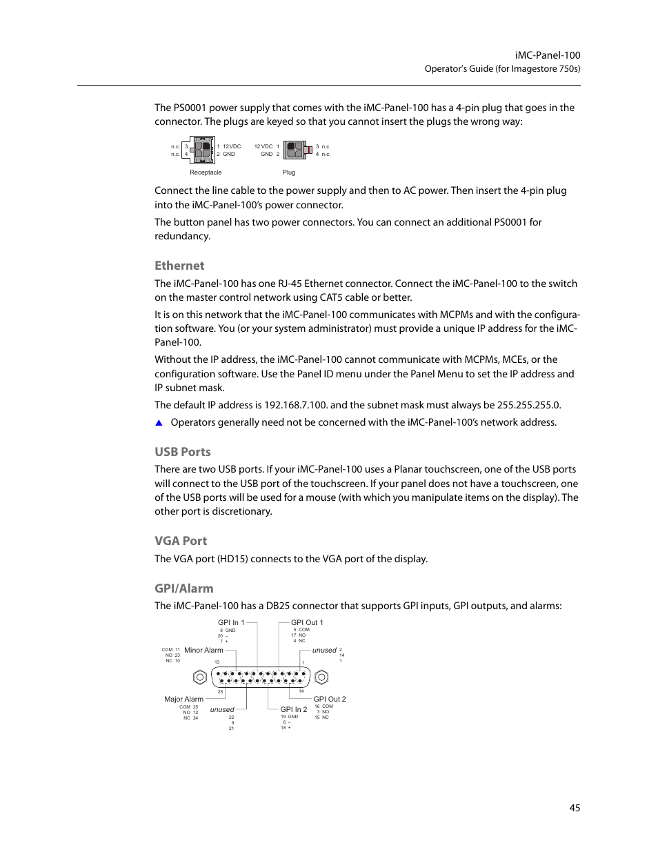 Ethernet, Usb ports, Vga port | Gpi/alarm, Ethernet usb ports vga port gpi/alarm, Operator’s guide (for imagestore 750s) | Grass Valley iMC-Panel-100 v.7.2.9.0 User Manual | Page 57 / 190
