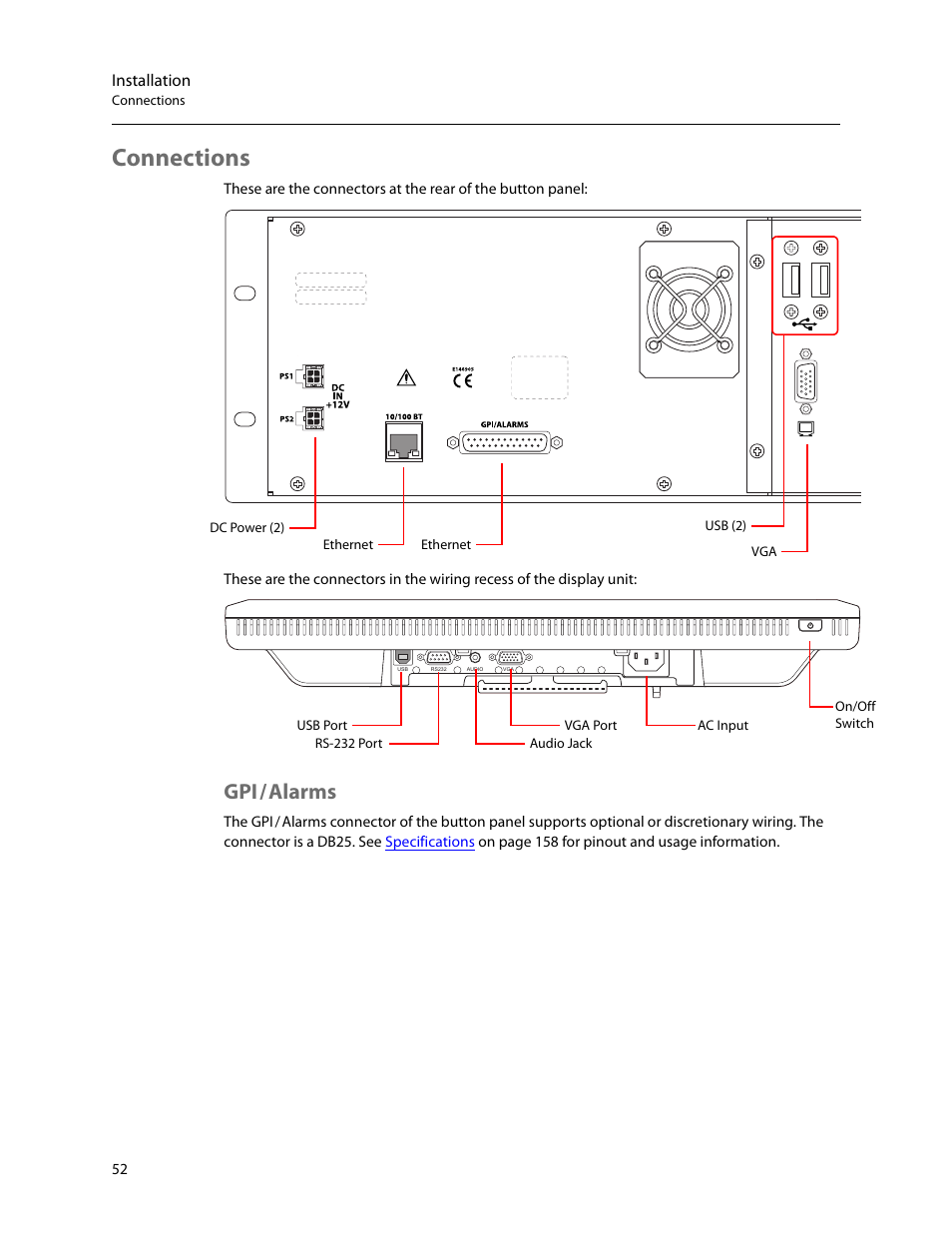 Connections, Gpi / alarms, Alarms | Installation | Grass Valley iMC-Panel-100 v.7.2.9.0 User Manual | Page 64 / 190