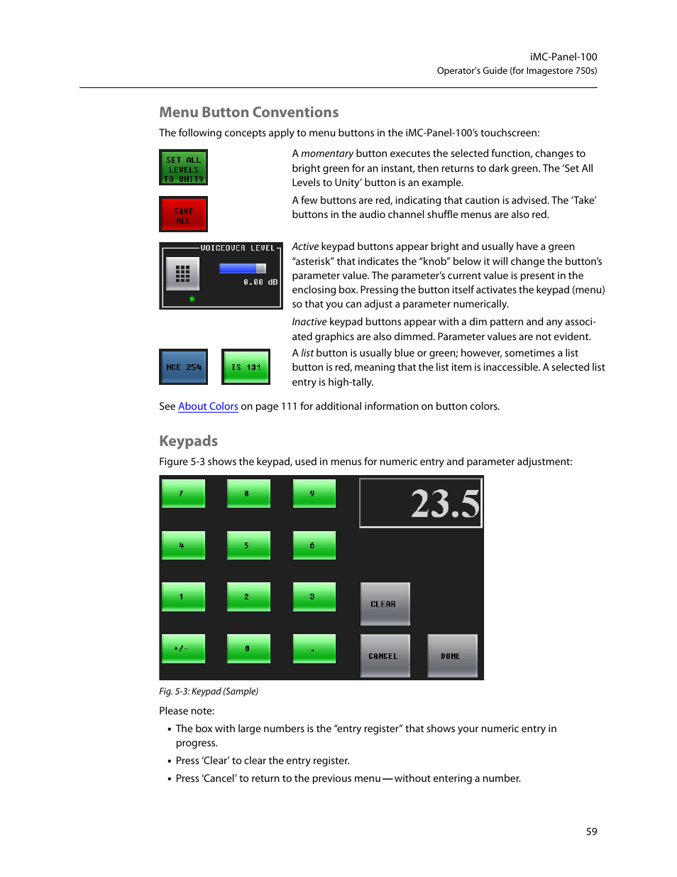 Menu button conventions, Keypads, Menu button conventions keypads | Grass Valley iMC-Panel-100 v.7.2.9.0 User Manual | Page 71 / 190