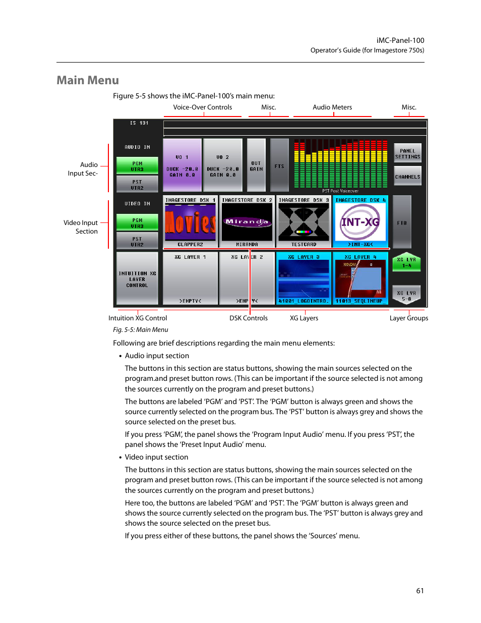 Main menu | Grass Valley iMC-Panel-100 v.7.2.9.0 User Manual | Page 73 / 190