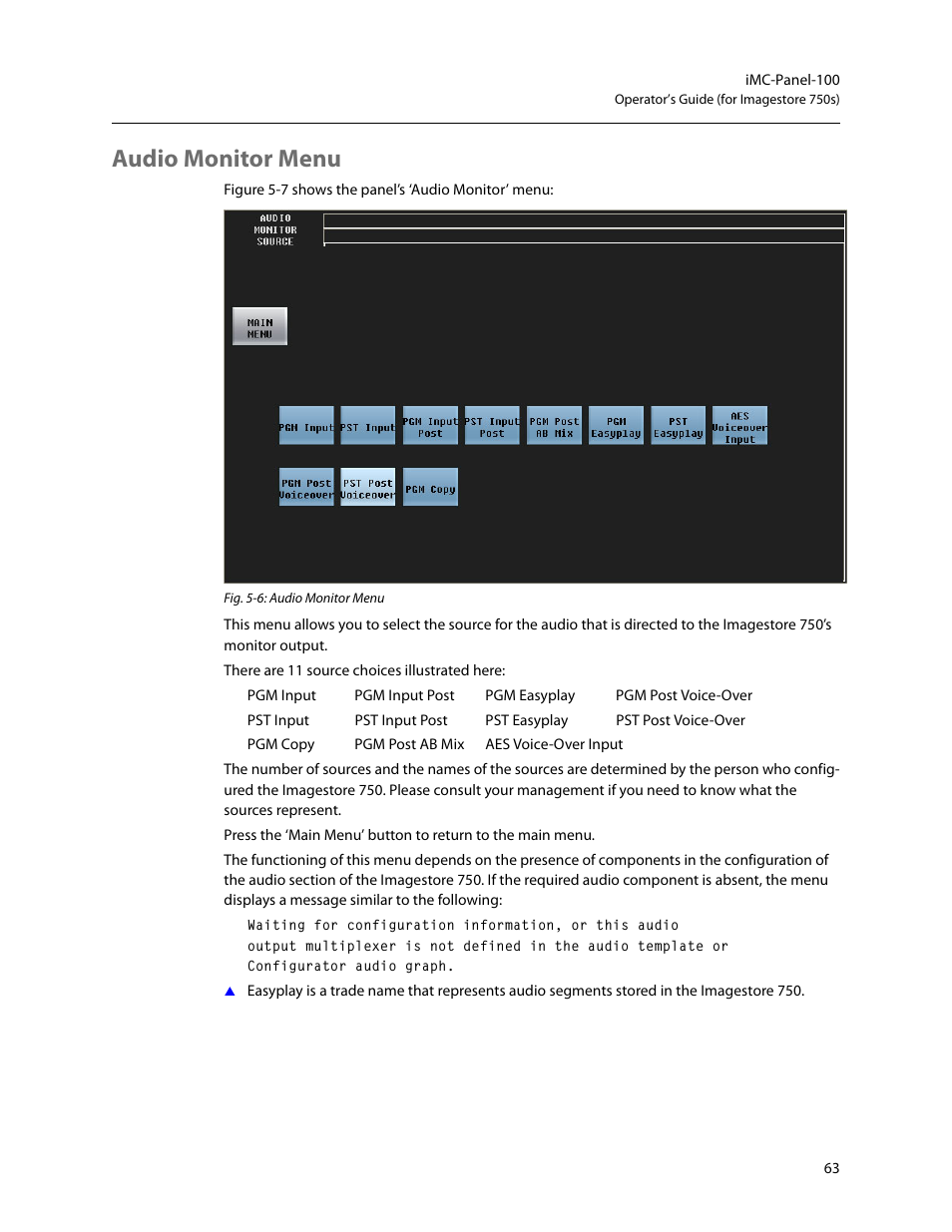 Audio monitor menu | Grass Valley iMC-Panel-100 v.7.2.9.0 User Manual | Page 75 / 190