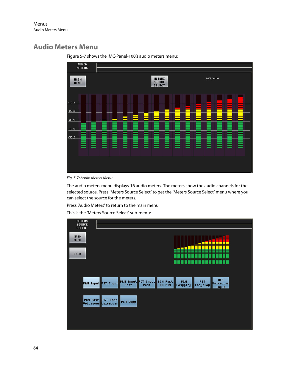 Audio meters menu | Grass Valley iMC-Panel-100 v.7.2.9.0 User Manual | Page 76 / 190