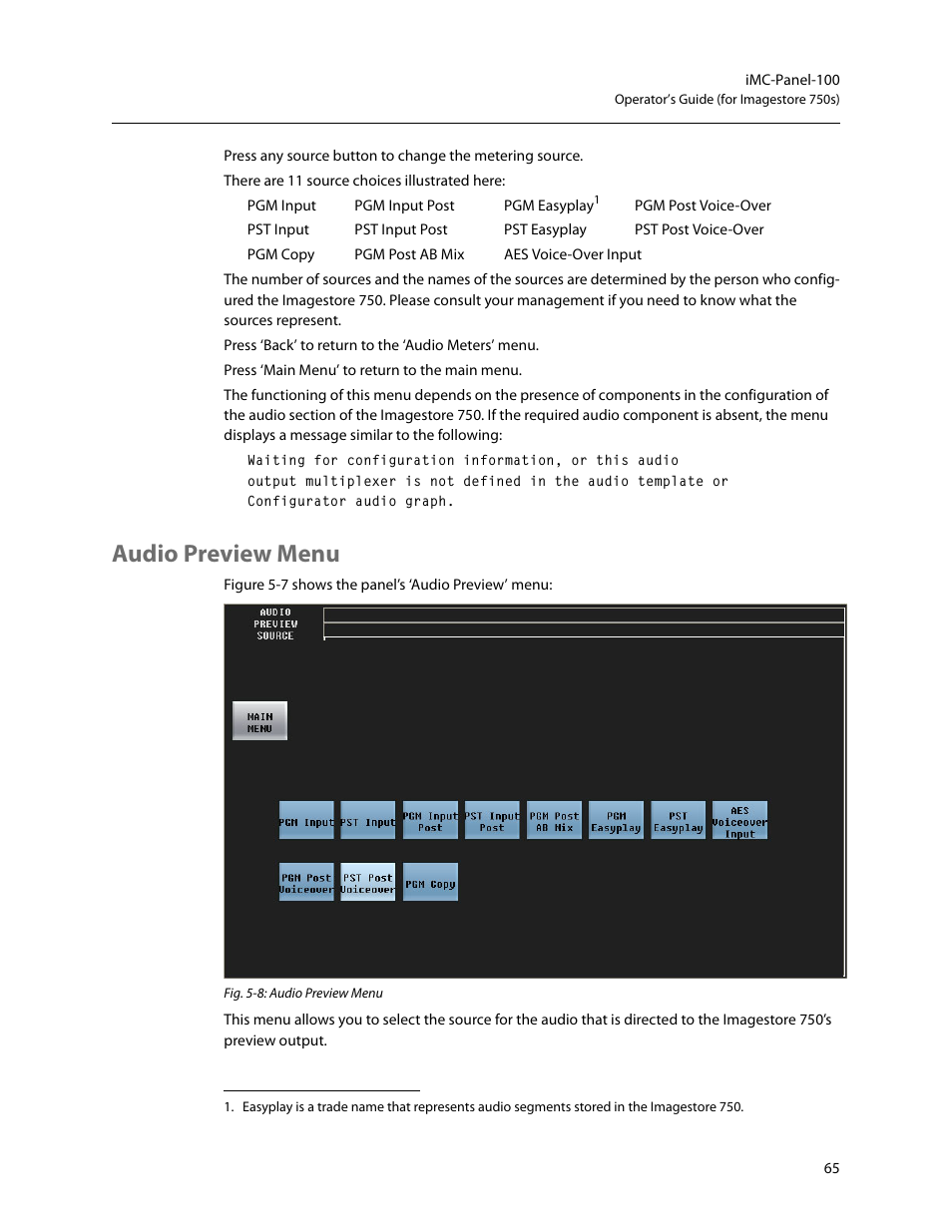 Audio preview menu | Grass Valley iMC-Panel-100 v.7.2.9.0 User Manual | Page 77 / 190