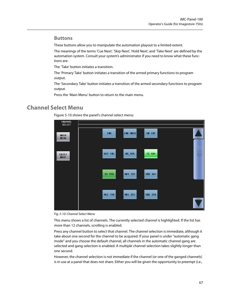 Buttons, Channel select menu | Grass Valley iMC-Panel-100 v.7.2.9.0 User Manual | Page 79 / 190