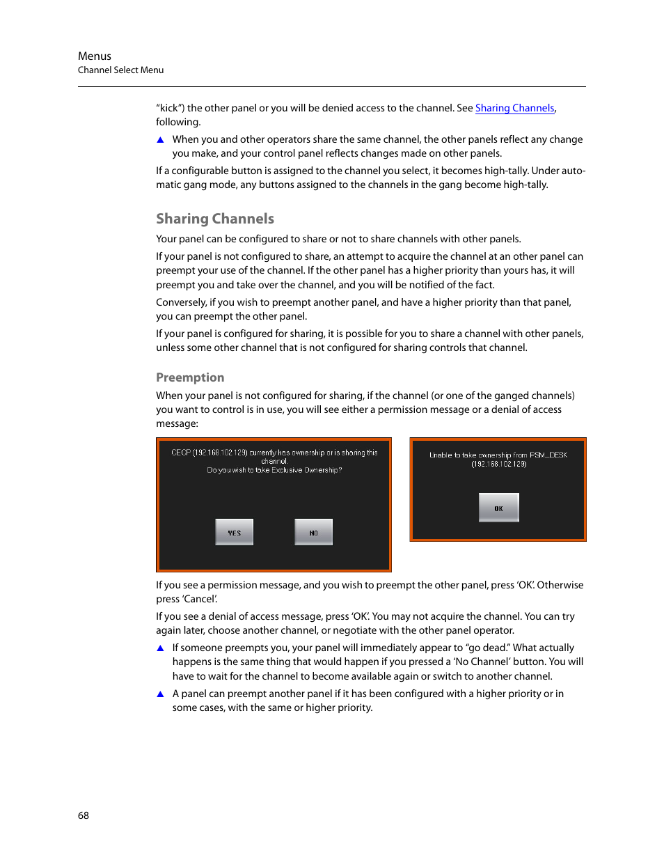 Sharing channels, Preemption | Grass Valley iMC-Panel-100 v.7.2.9.0 User Manual | Page 80 / 190