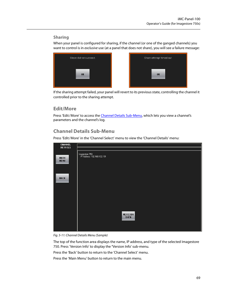 Sharing, Edit/more, Channel details sub-menu | Edit/more channel details sub-menu | Grass Valley iMC-Panel-100 v.7.2.9.0 User Manual | Page 81 / 190