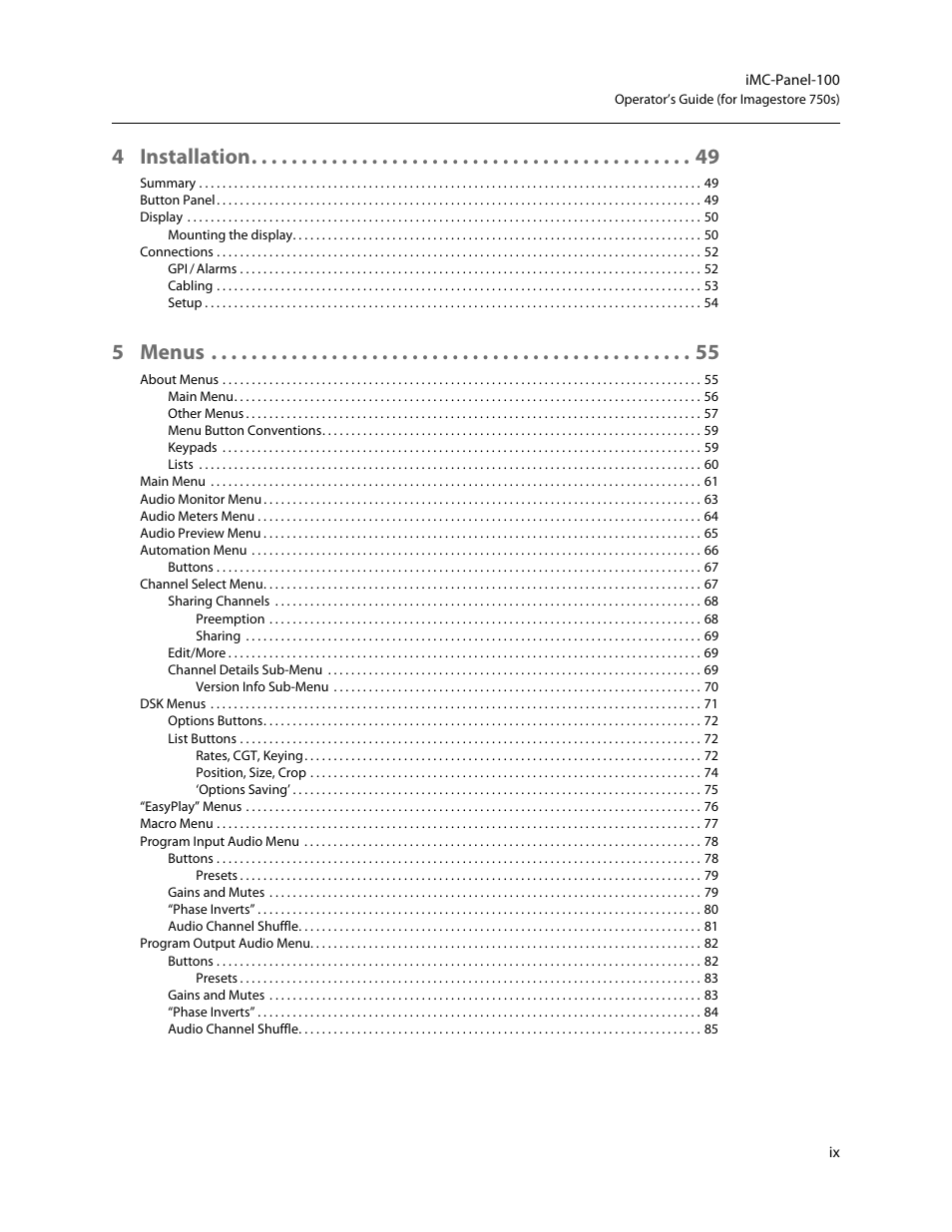 4 installation, 5 menus | Grass Valley iMC-Panel-100 v.7.2.9.0 User Manual | Page 9 / 190