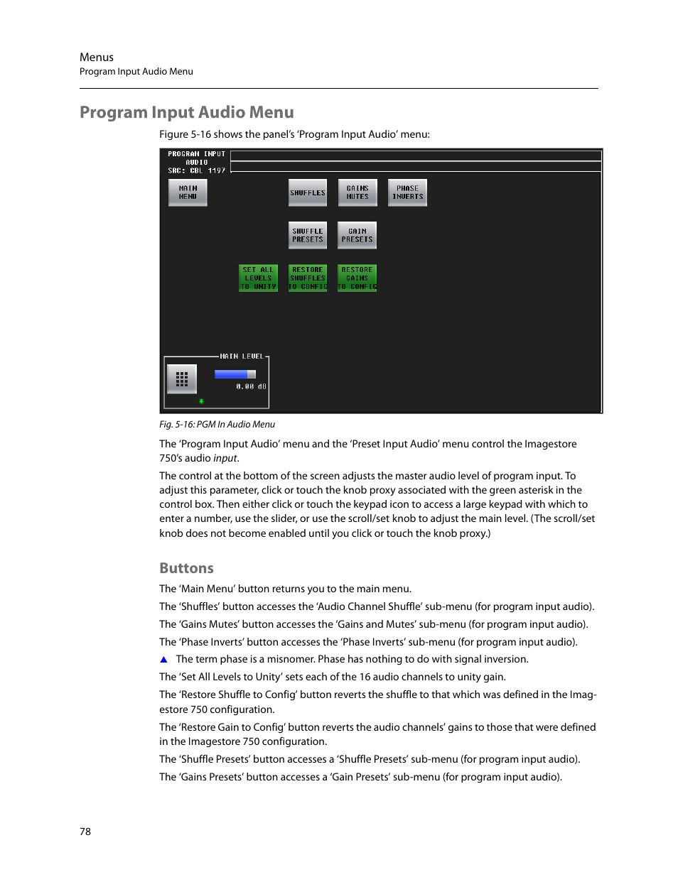 Program input audio menu, Buttons | Grass Valley iMC-Panel-100 v.7.2.9.0 User Manual | Page 90 / 190