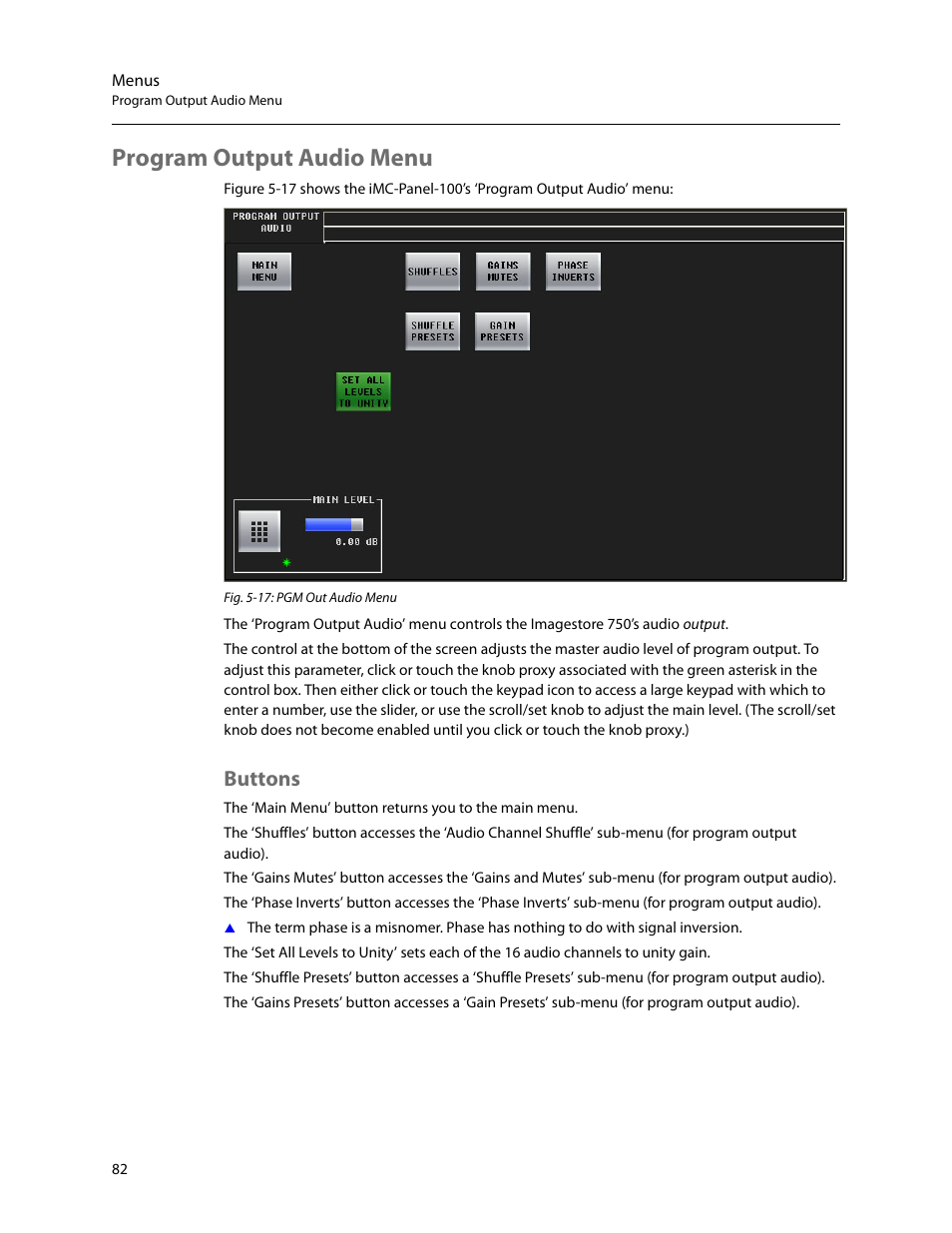 Program output audio menu, Buttons, Program output | Audio menu | Grass Valley iMC-Panel-100 v.7.2.9.0 User Manual | Page 94 / 190